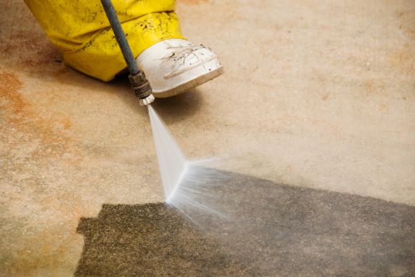 Close-up of a pressure washer cleaning a concrete surface. A person in yellow waterproof overalls and white shoes directs the high-pressure spray, revealing the clean concrete underneath. Highlighting the effectiveness of pressure washing.