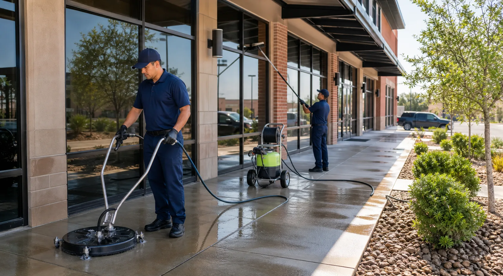 Commercial exterior cleaning crew washing storefront glass and sidewalks for a West Texas business.
